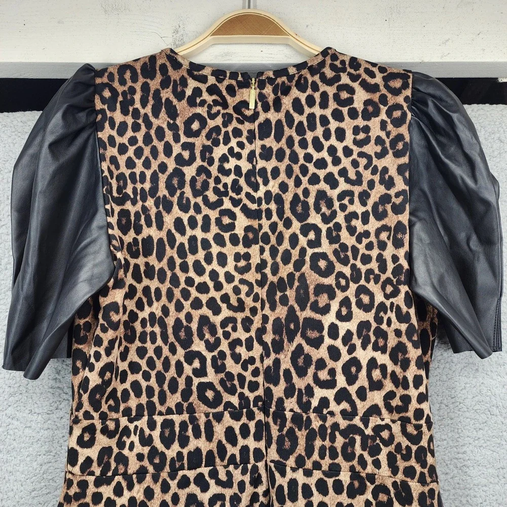 MICHAEL KORS Leopard Print Faux Leather Sleeve Fit‎ Flare Dress Women's Medium